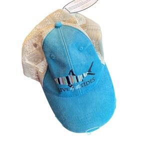 NWT Live By The Tide Vintage Distressed Trucker Hat Blue Fish Embroidered